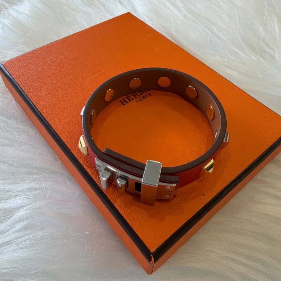 HERMES 紅金銀鉚釘皮手環/T2-3