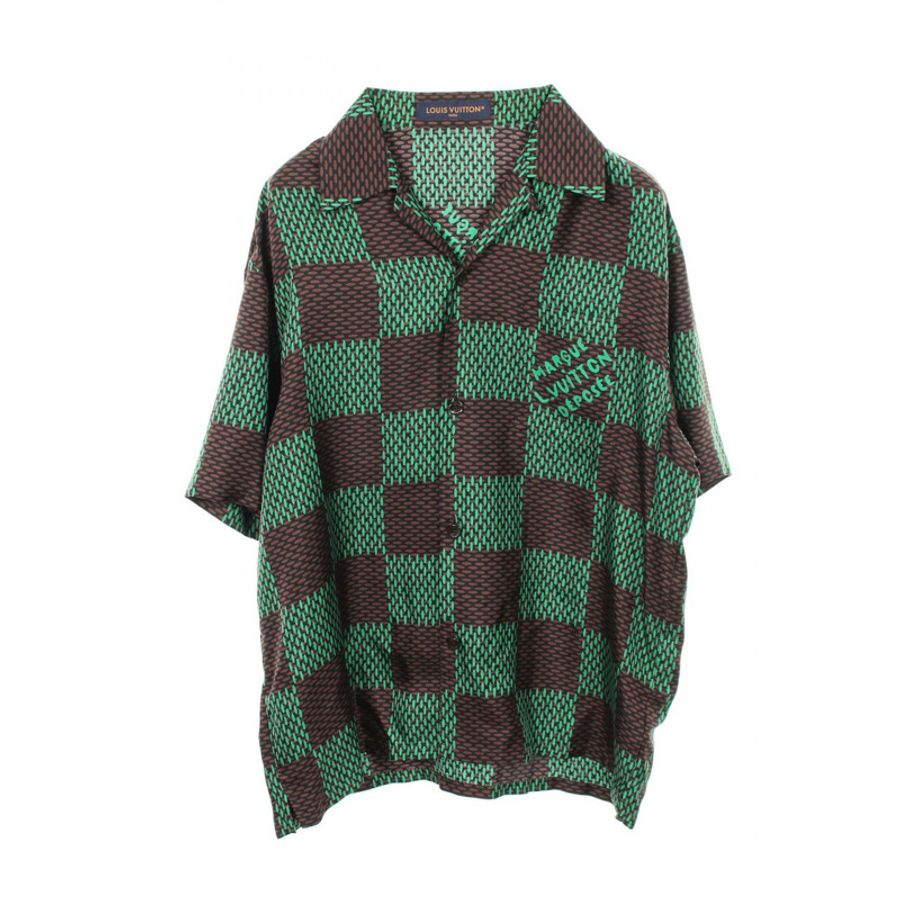 路易威登 Damier 襯衫上衣,絲質材質,綠色、棕色、黑色,二手男士 M 碼-0