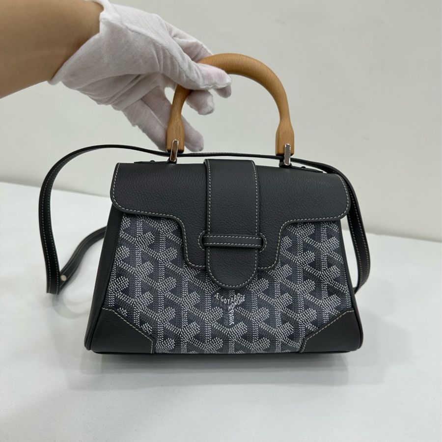 Goyard 戈雅 灰色帆布塗層 木質手柄 西貢包 21cm 手提斜挎包 23年 有購證-6