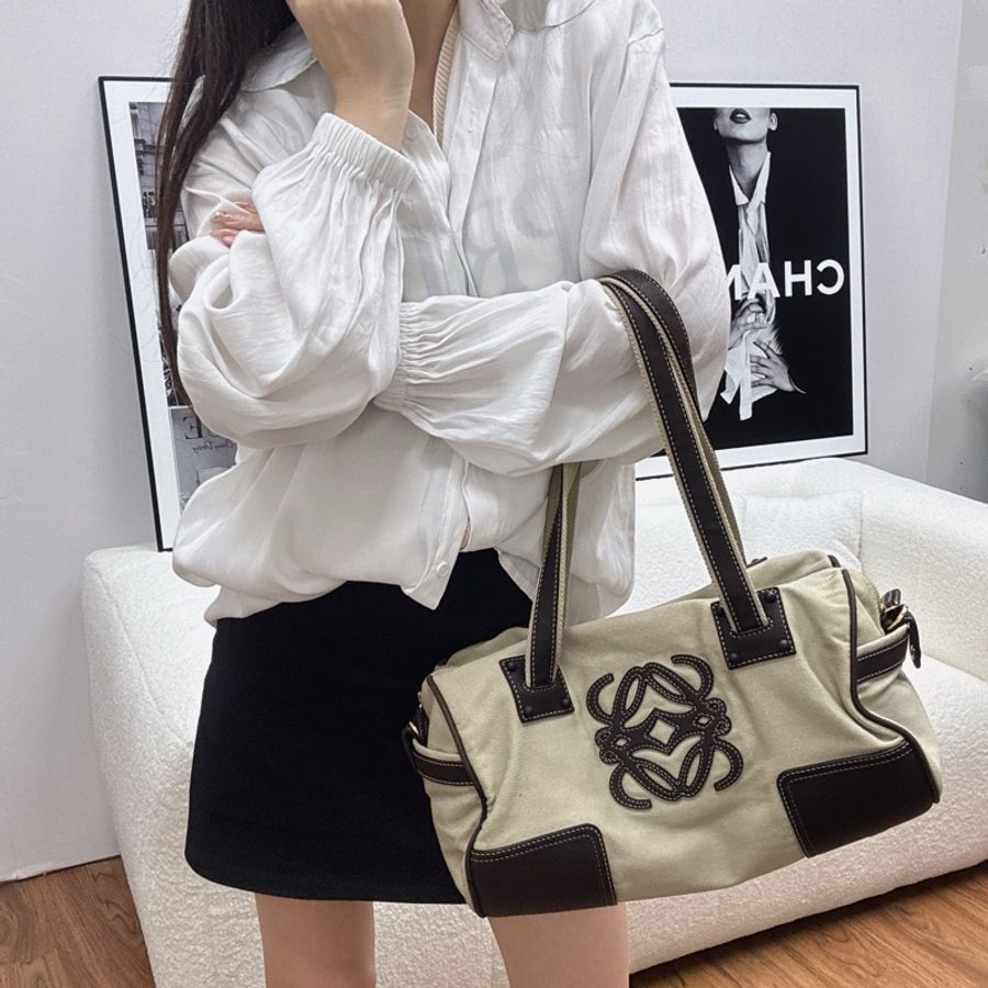 【赫蒂國際精品】Loewe 羅意威 Anagram 帆布皮革拼接波士頓包/手提包 vintage-7