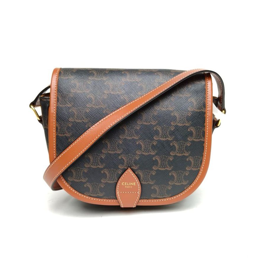 CELINE Folco马鞍包中号凯旋门印花褐色PVC肩背包-0