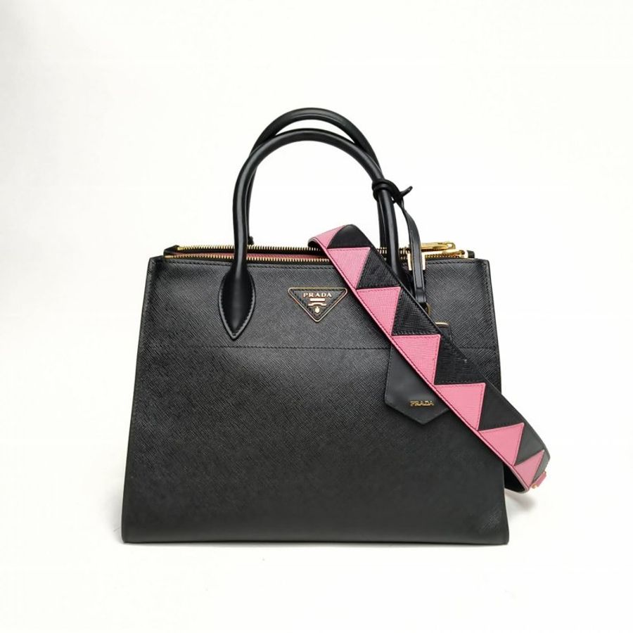 PRADA 黑色牛皮Galleria粉黑拼色手提斜挎包肩背包-0