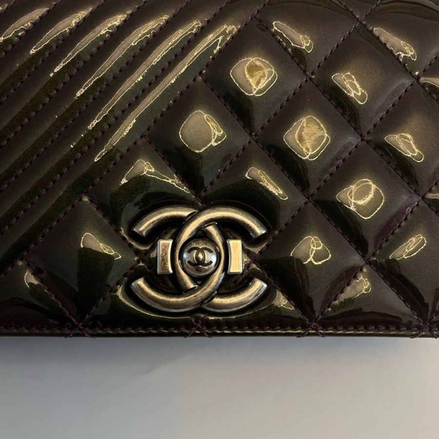 Chanel香奈兒Coco boy漆皮鏈條包 漸變墨綠黑配色 大mini經典菱格紋，21開-6