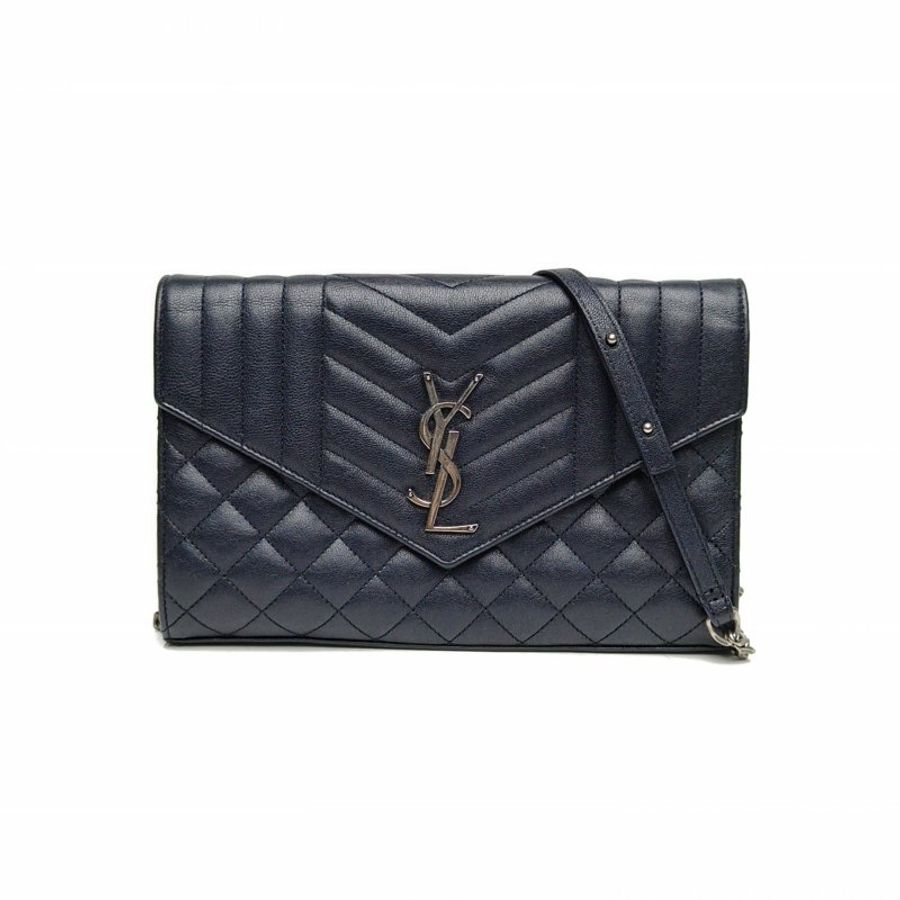 SAINT LAURENT Envelope绗缝纹理信封包WOC黑色牛皮银扣肩背包-0