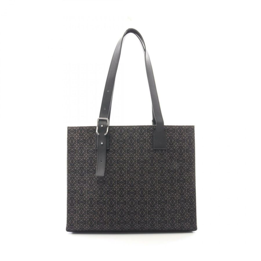 LOEWE 搭扣橫款 Anagram 肩背手提包,帆布皮革材質,黑色,二手男士款-0