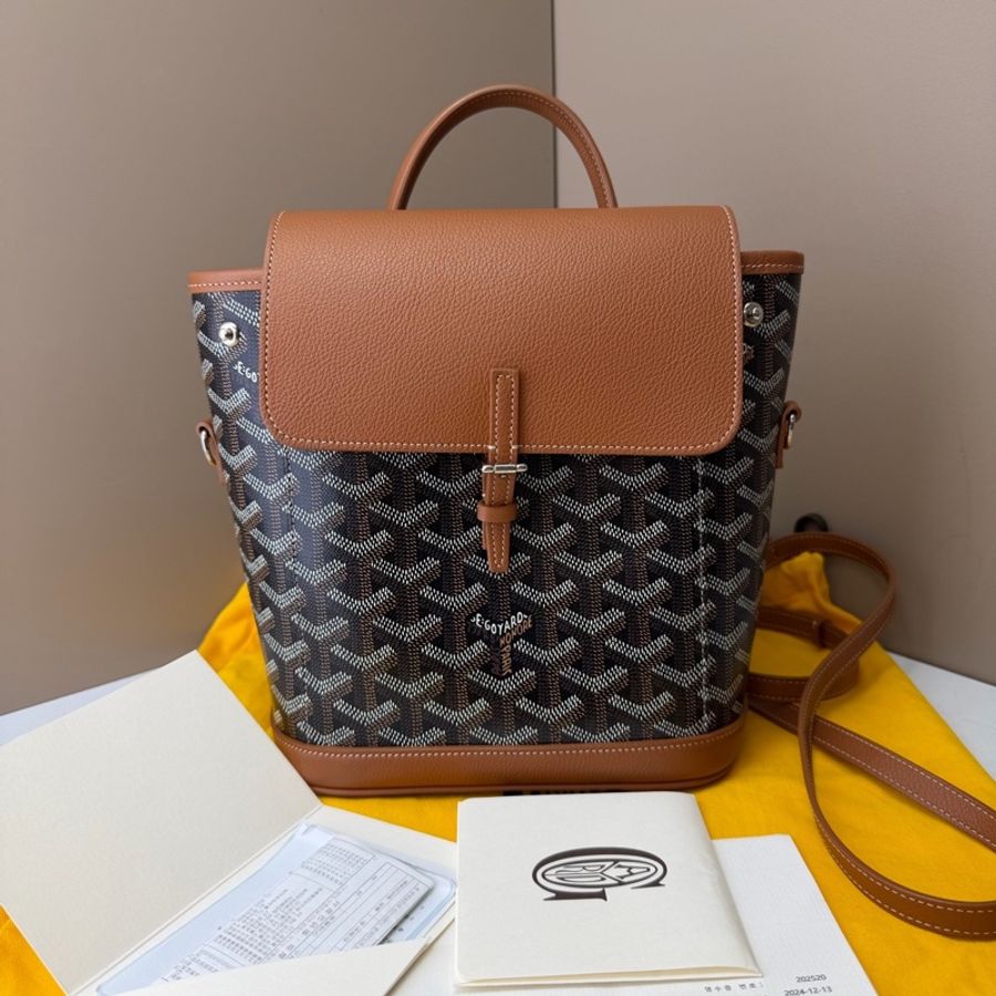 閒置新⭐高雅德/Goyard ALPIN迷你背包 老花滿印可拆卸可調節肩帶 帆布拼牛皮 書包背包雙肩包 迷你 男女同款情侶款 棕色 銀扣-0