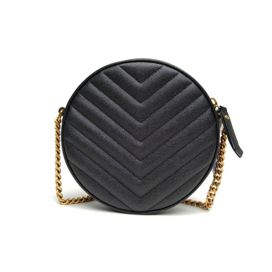 SAINT LAURENT Vinyle圆饼RoundV纹黑色荔枝牛皮金扣肩背包-2