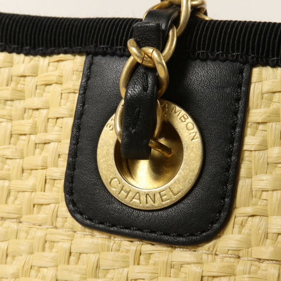 CHANEL Raffia/牛皮皮革Deauville Tote鏈帶手挽袋-10