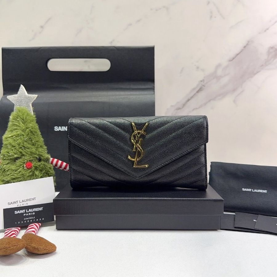 YSL 魚子醬牛皮黑金信封長夾-0