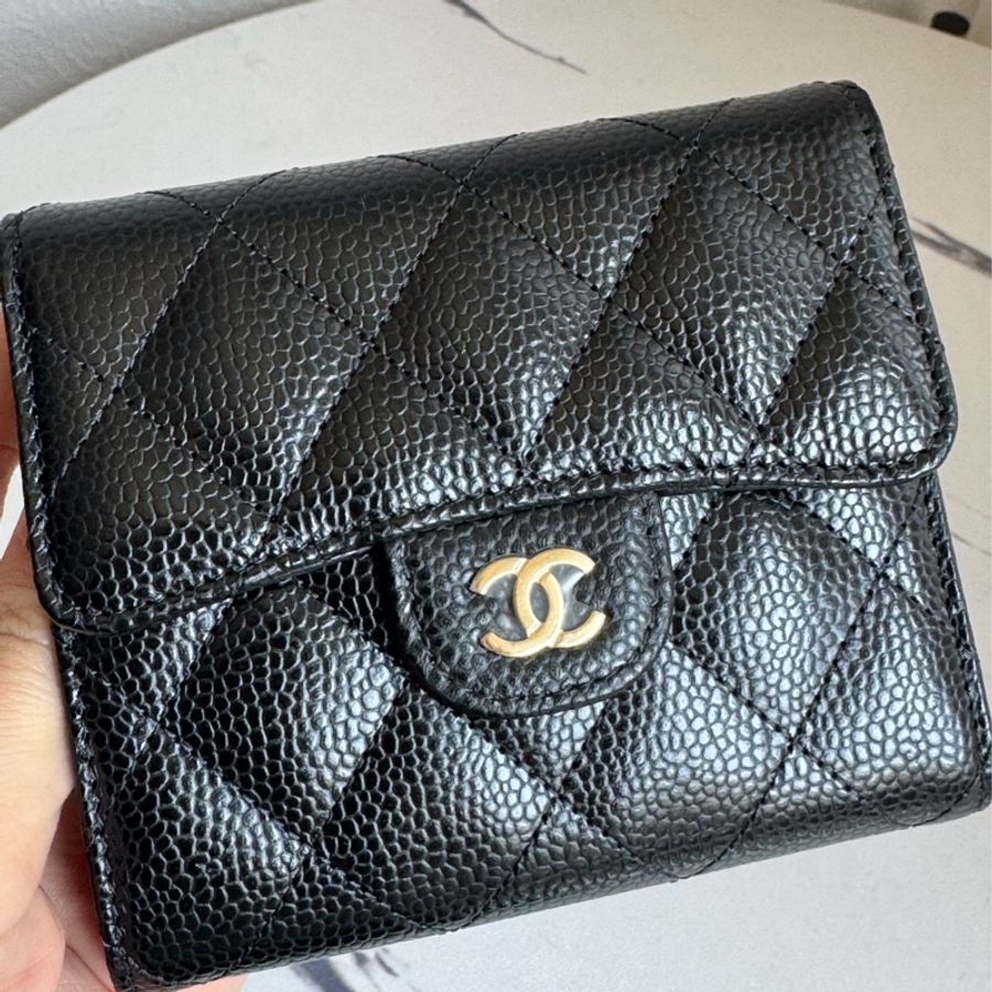 Chanel 黑荔枝金雙C三折釦式短夾✨經典必買🎀-9