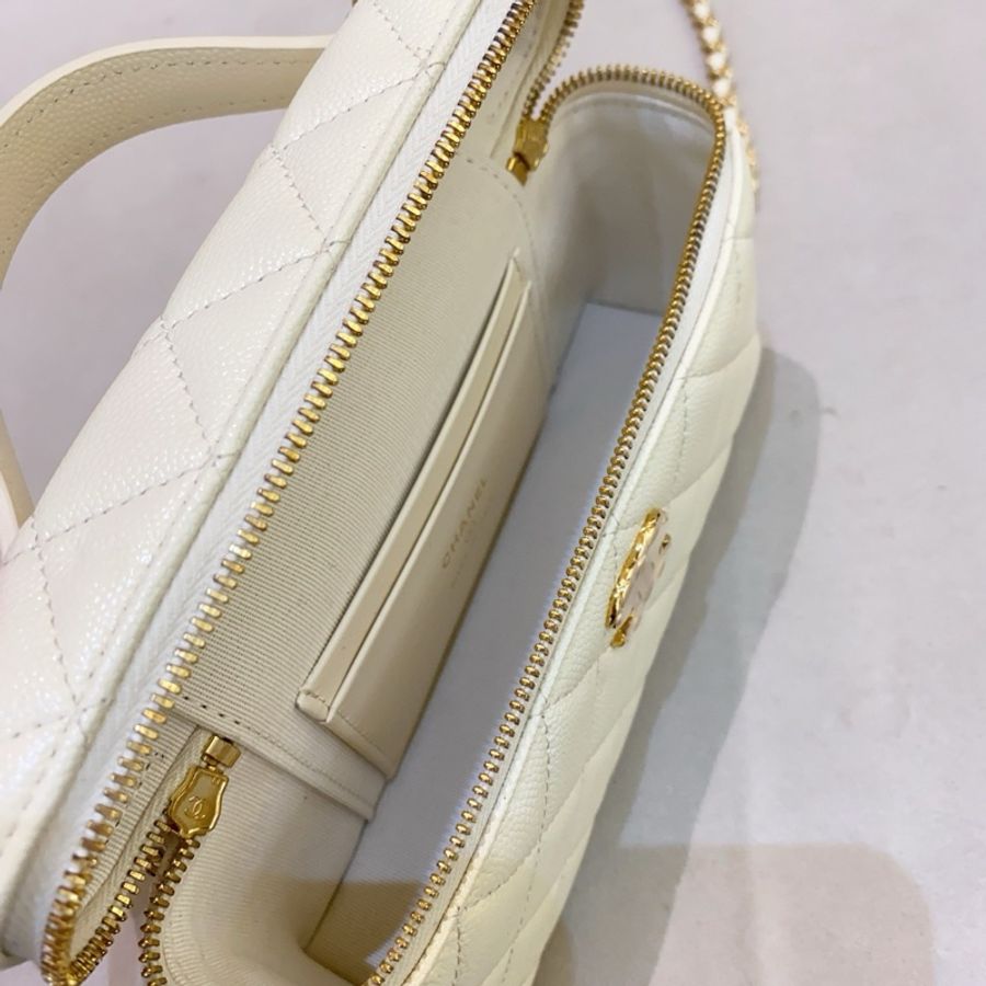 全新閒置 Chanel香奈兒 26c 米色 荔枝紋牛皮手提LP長飯盒包化妝包-6