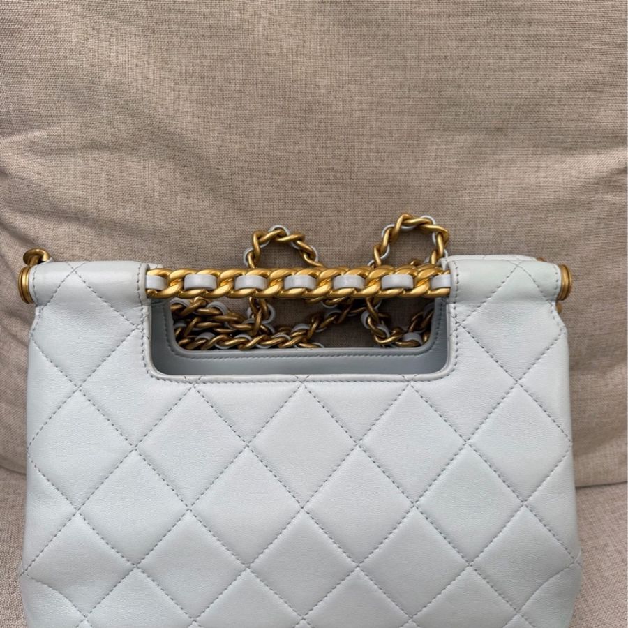99新 香奈兒Chanel 25s淡藍色牛皮 金屬手柄雙鏈單肩包。-1