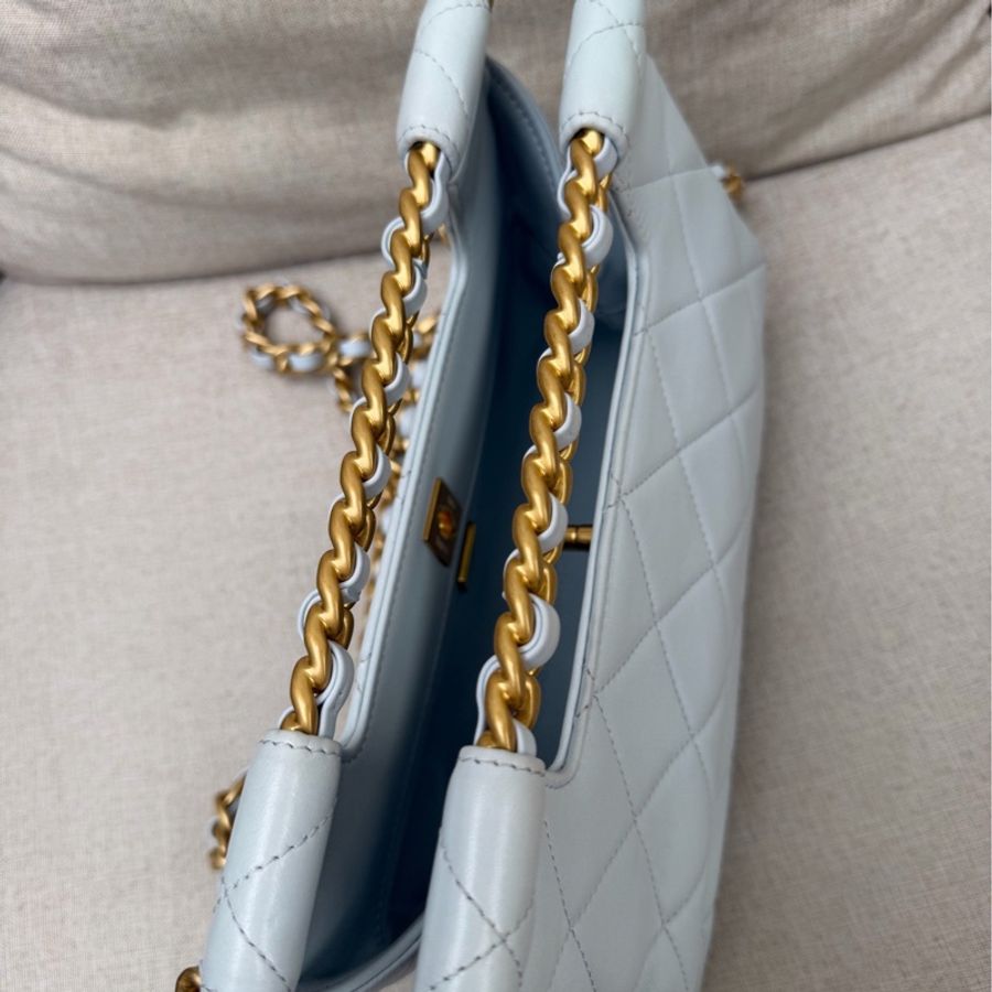 99新 香奈兒Chanel 25s淡藍色牛皮 金屬手柄雙鏈單肩包。-5