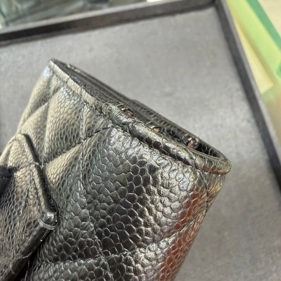 CHANEL 經典黑金荔枝皮三折長夾 - 黑銀-8