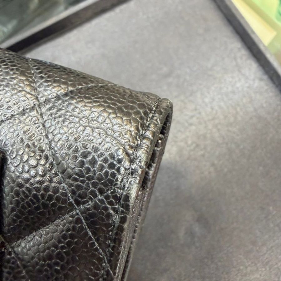 CHANEL 經典黑金荔枝皮三折長夾 - 黑銀-10