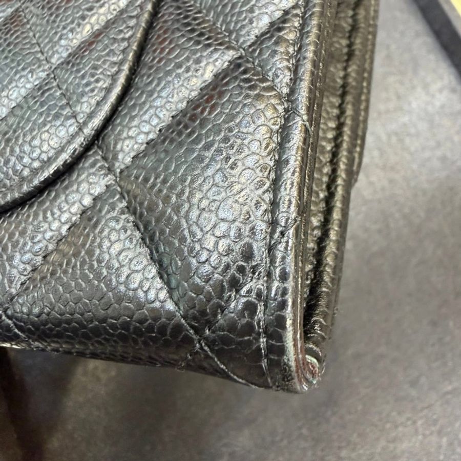 CHANEL 經典黑金荔枝皮三折長夾 - 黑銀-13