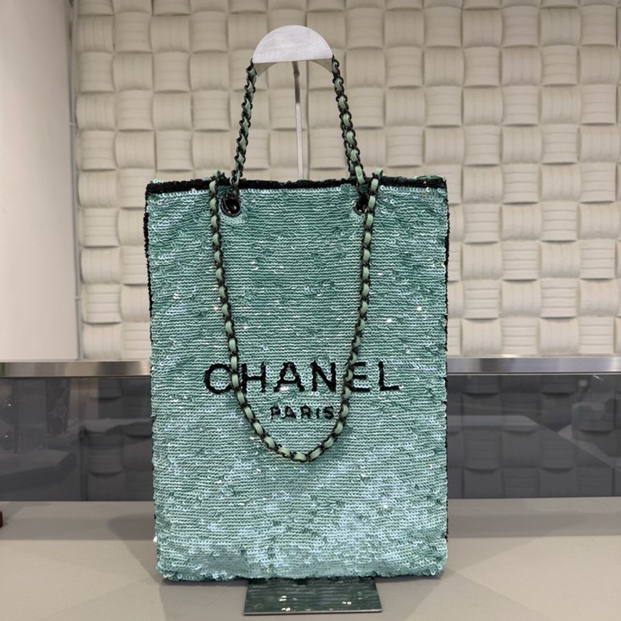 全新未使用 Chanel香奈兒24S薄荷綠亮片logo槍黑雙鏈條竪版托特包手提包腋下包-0