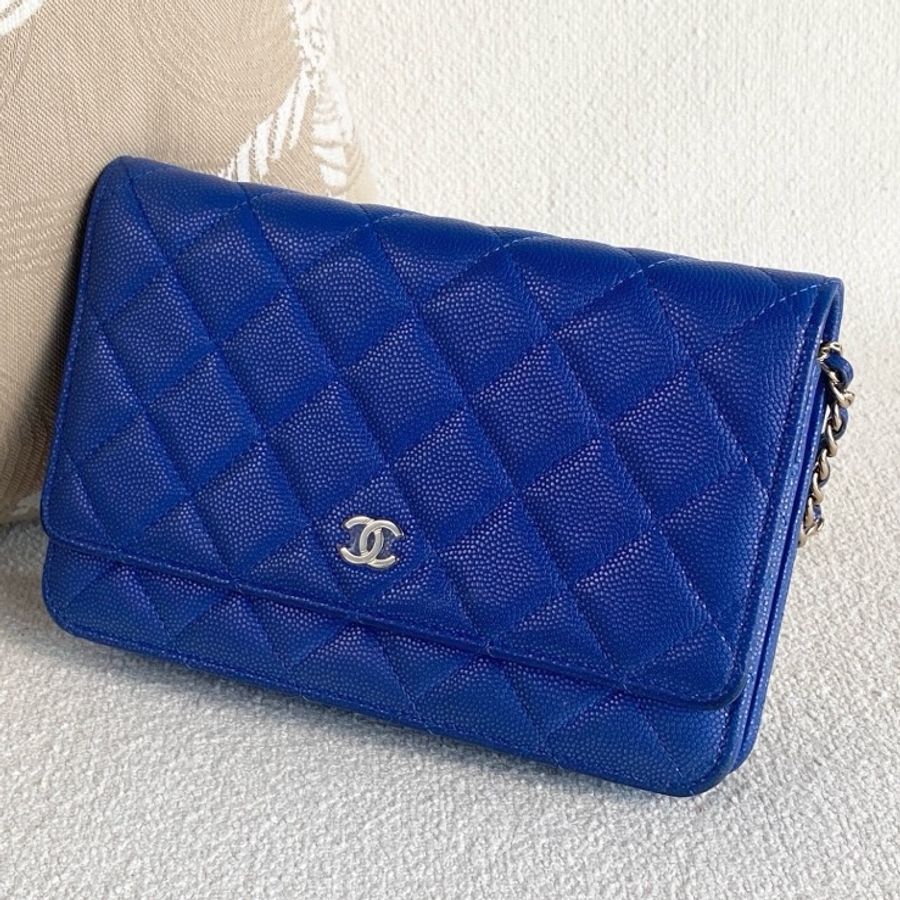 99新 Chanel香奈兒woc鏈條包 寶藍色帶珠光 金扣-5
