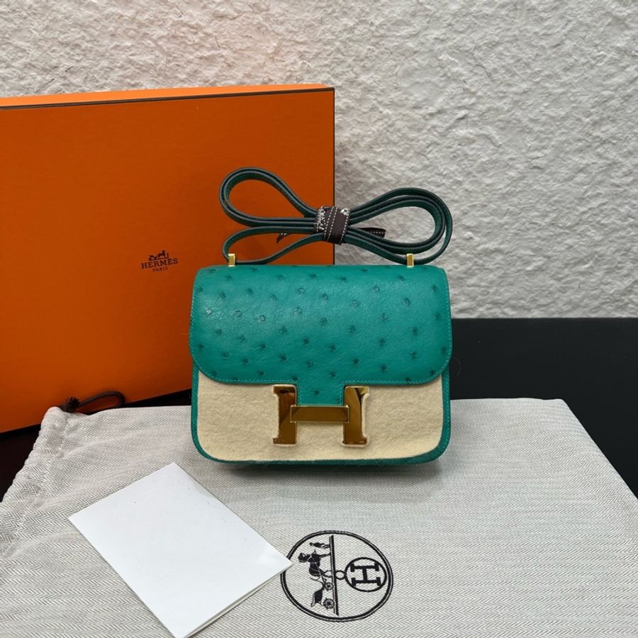 99新Hermes愛馬仕constance康康mini U1 維羅納綠金扣鴕鳥皮-0