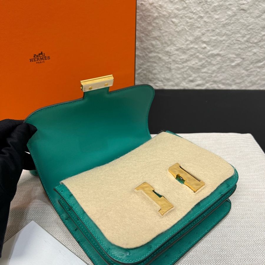 99新Hermes愛馬仕constance康康mini U1 維羅納綠金扣鴕鳥皮-5