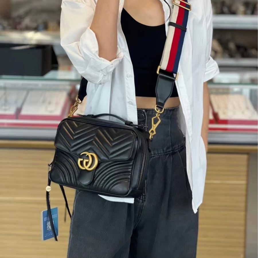 #全配🈶台灣購證 GUCCI Marmont Matasse黑金郵差包-7