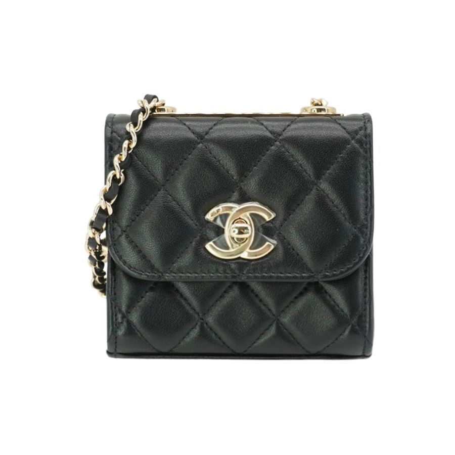 Chanel 展示品 Trendy CC 菱格羊皮淡金釦方形迷你口蓋鍊包(A81633-黑)-0