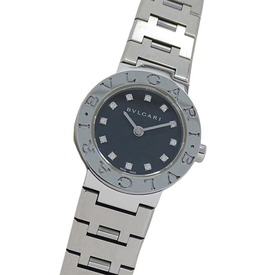 寶格麗 (Bulgari) 女士腕錶，品牌：寶格麗，12 鑽石英機芯，不銹鋼 (SS) 錶殼，銀色和黑色圓形錶殼，型號：BB23SS-0