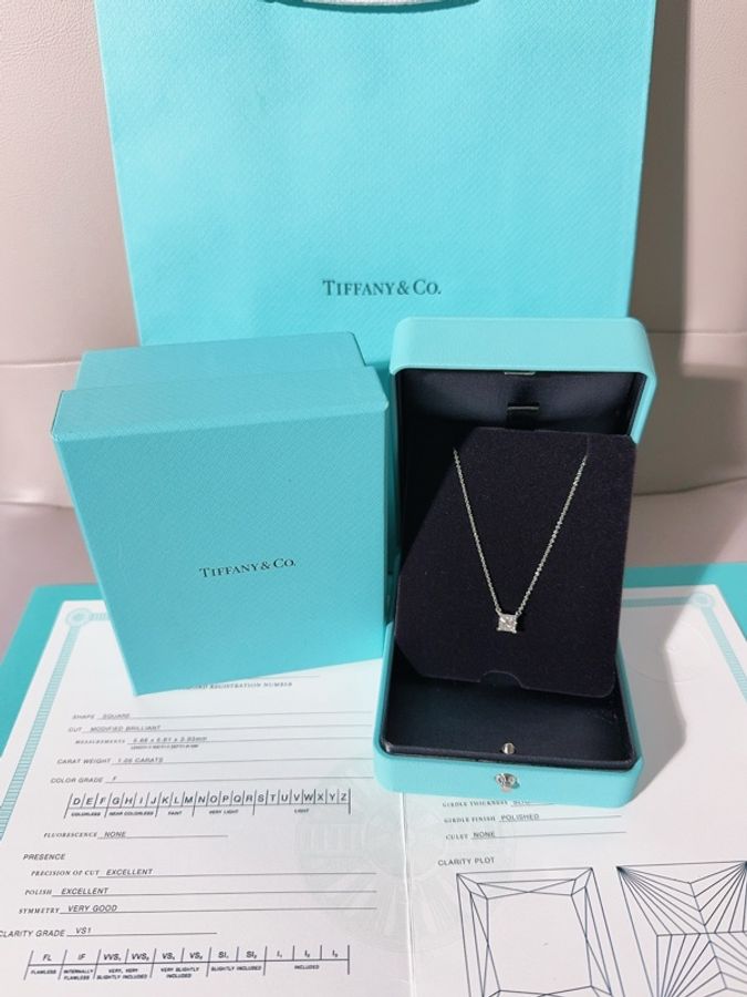 Tiffany 蒂芙尼 一克拉方形鑽四爪項鍊,1.05ct-0