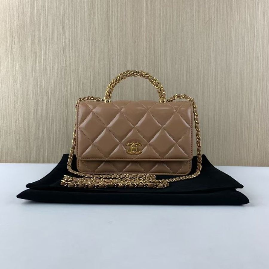 Chanel 深米色麻花扭紋手柄 woc鏈條包 芯片款19.2*12.3*3.5 98新配件塵袋 購證-1