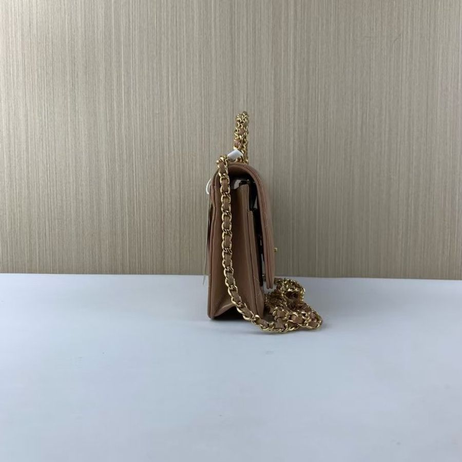 Chanel 深米色麻花扭紋手柄 woc鏈條包 芯片款19.2*12.3*3.5 98新配件塵袋 購證-6