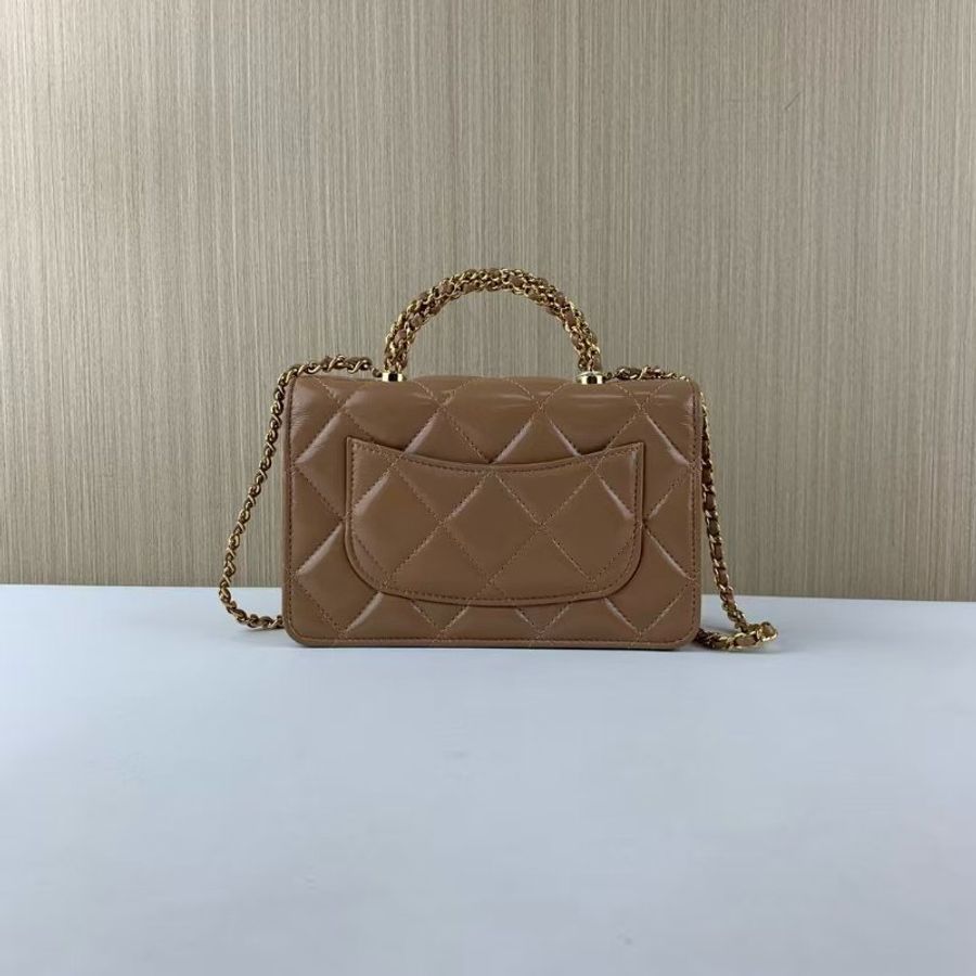Chanel 深米色麻花扭紋手柄 woc鏈條包 芯片款19.2*12.3*3.5 98新配件塵袋 購證-7