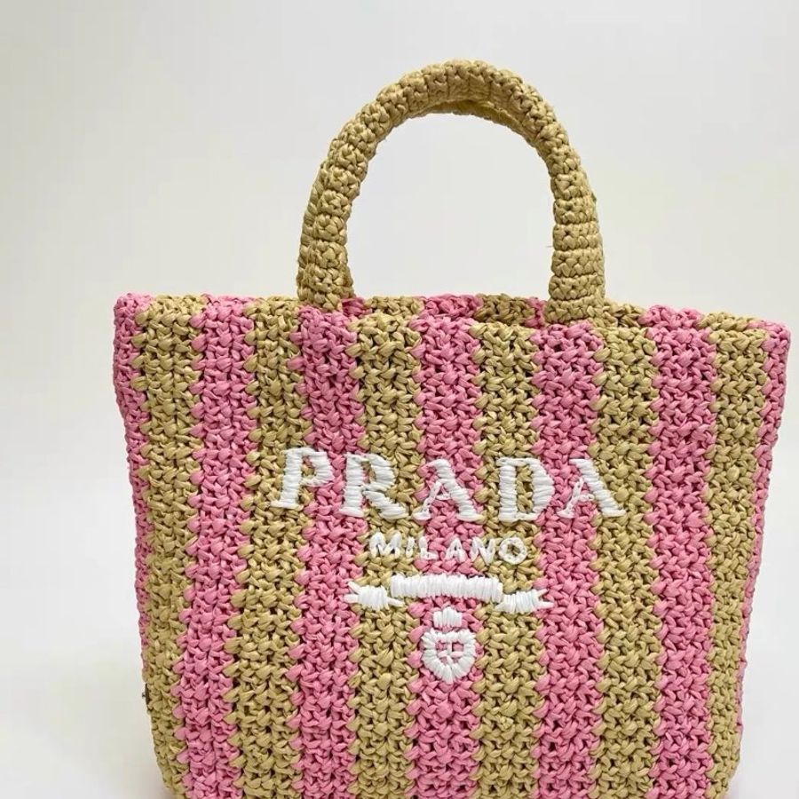 ️Prada 拉菲草編織手提包 粉金條紋 33*25*7 98新配件塵袋-3