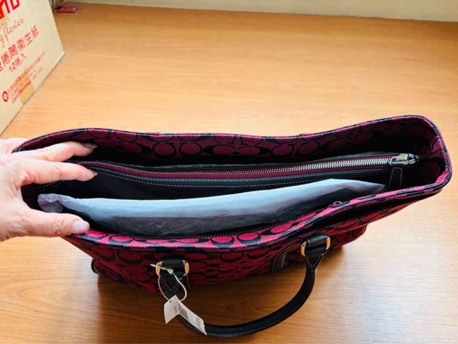 【全新含吊牌】COACH FS6088 經典雙色緹花全皮底商務 托特包 公事包 筆電包 (酒紅黑)-7