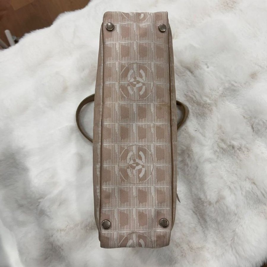 Chanel 香奈兒 冰格奶茶皮革拼接帆布法棍包 手提包-5