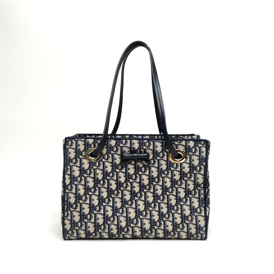 DIOR OBLIQUE印花面料蝴蝶結單肩包老花帆布淺金扣-0