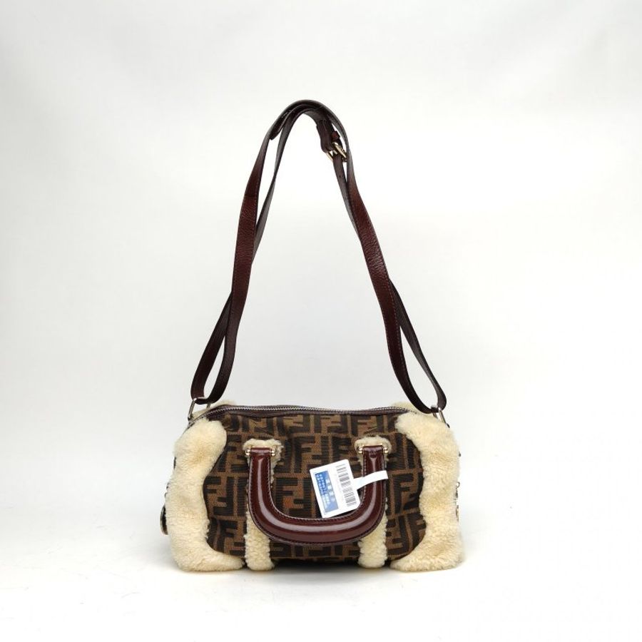 FENDI 拼色帆布中古羊羔毛拼老花斜跨手提包肩背包-2