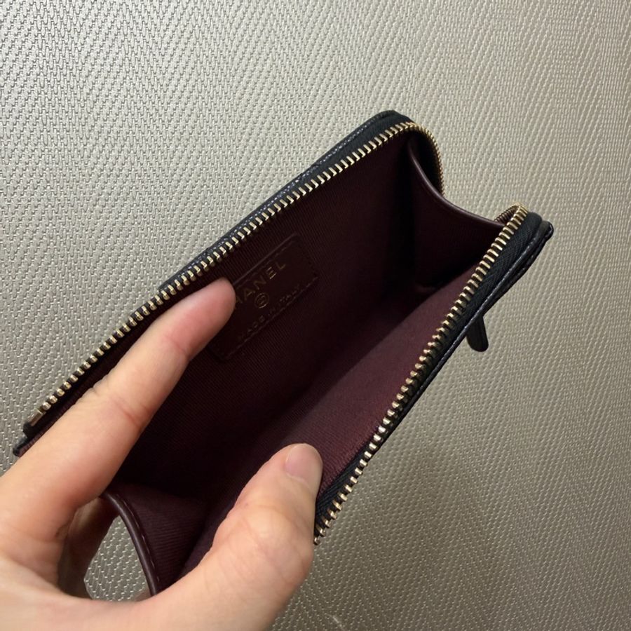 Chanel 黑荔枝牛皮金釦L拉零錢卡包AP3179-10