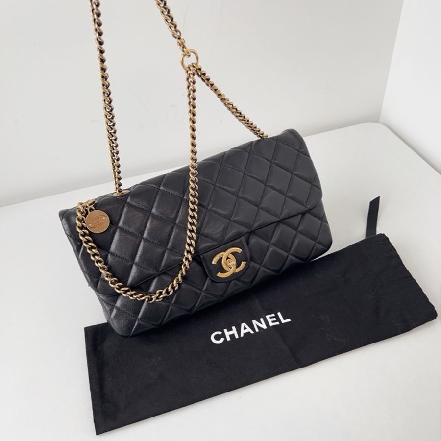💎Chanel香奈兒｜黑金牛皮金幣CF Jumbo鏈條包｜稀有尺寸橫版小機場-4