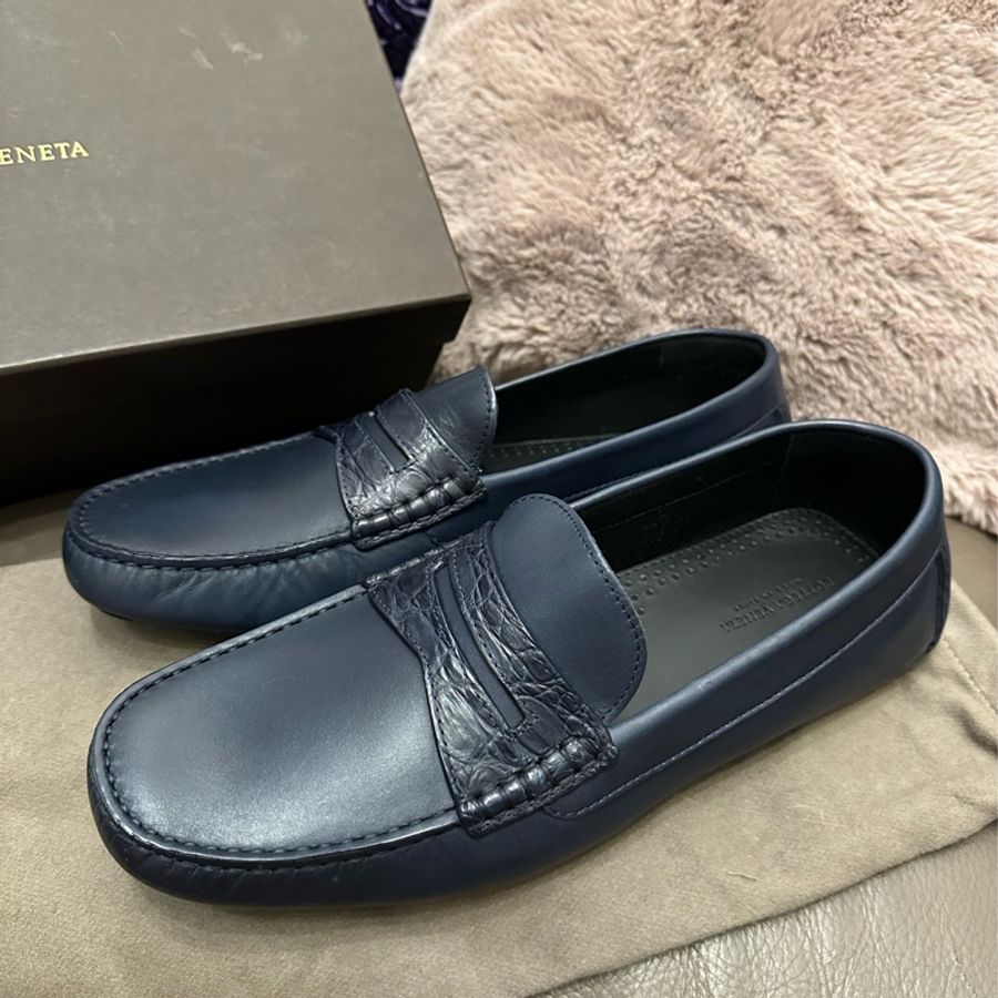 葆蝶家 Bottega Veneta size 43.5 全新 男裝 牛皮 鱷魚皮 深藍色經典皮革拼接豆豆鞋 開車鞋 樂福鞋 皮鞋-0