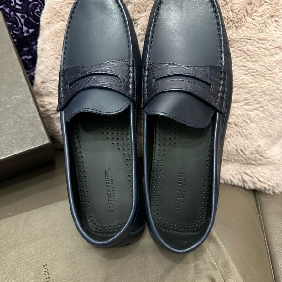 葆蝶家 Bottega Veneta size 43.5 全新 男裝 牛皮 鱷魚皮 深藍色經典皮革拼接豆豆鞋 開車鞋 樂福鞋 皮鞋-2