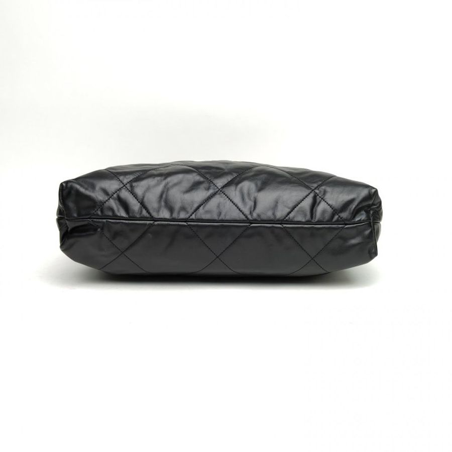 CHANEL 22BagTote托特包中號黑色牛皮晶片白扣肩背包-4