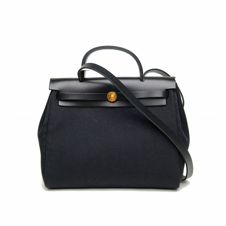 HERMES Herbag31黑色帆布/牛皮U刻金扣肩背包-0