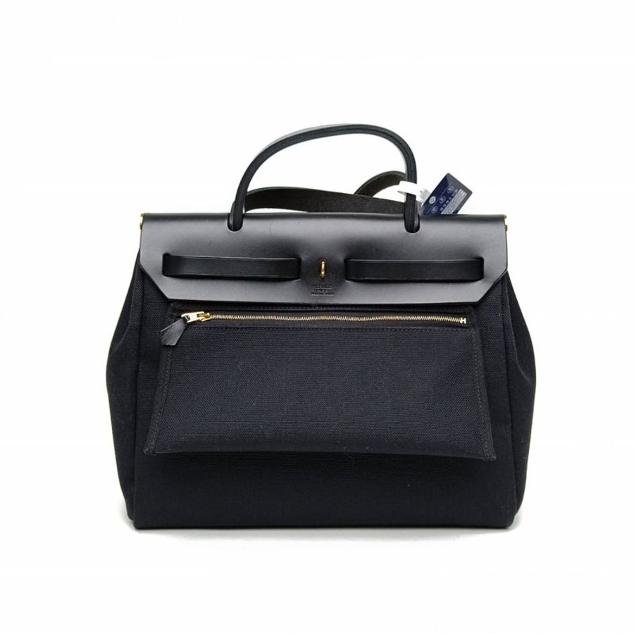 HERMES Herbag31黑色帆布/牛皮U刻金扣肩背包-2