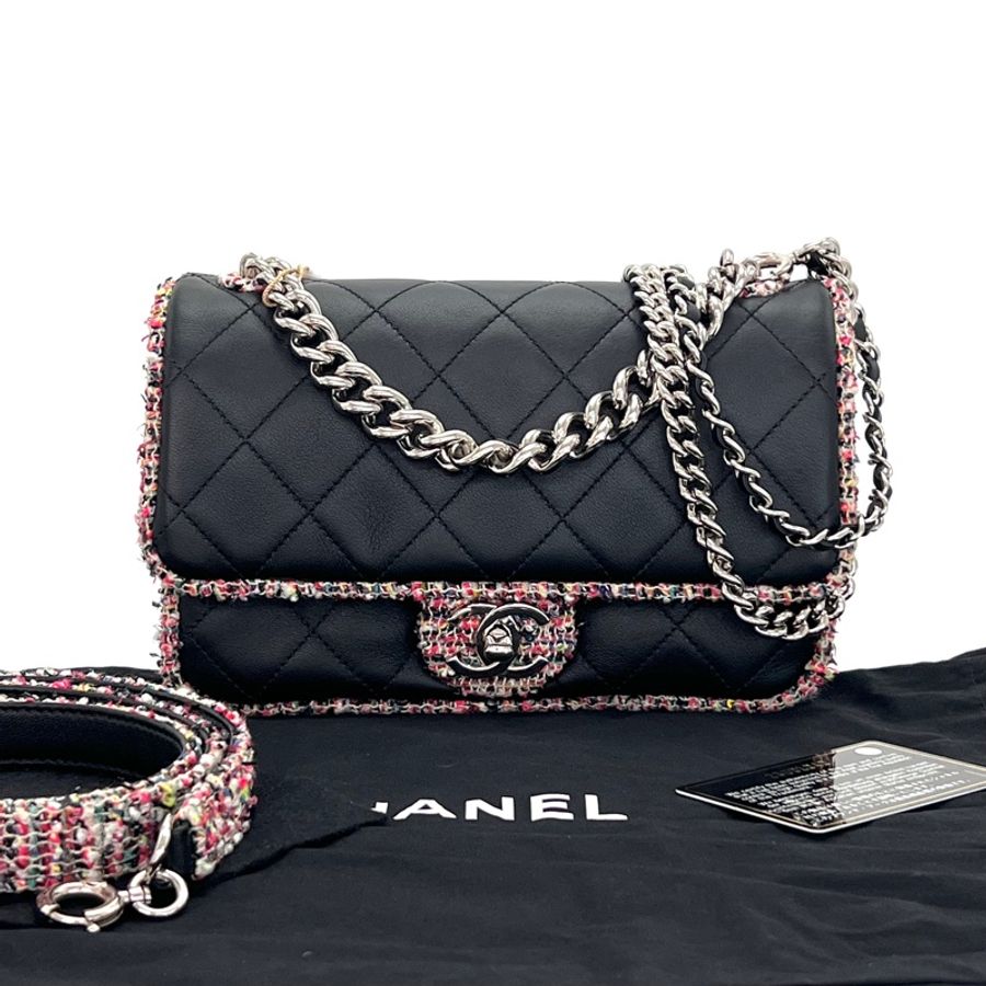 CHANEL/香奈兒黑色拼彩色毛呢邊CF手提单肩斜挎包-0