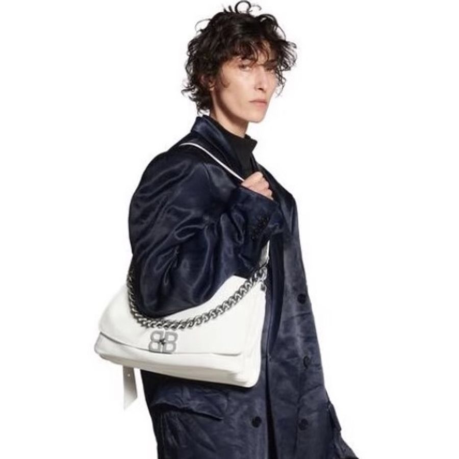 Balenciaga巴黎世家BB系列Soft Flap白銀牛皮翻蓋郵差包/腋下包-0