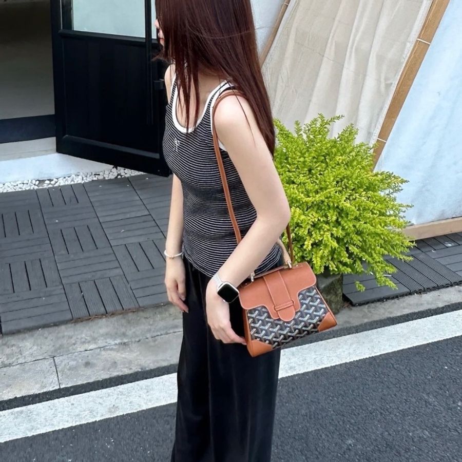 Goyard/ 戈雅Saigon焦糖色 mini西貢包 木質手柄 手提包 單肩斜挎包-6