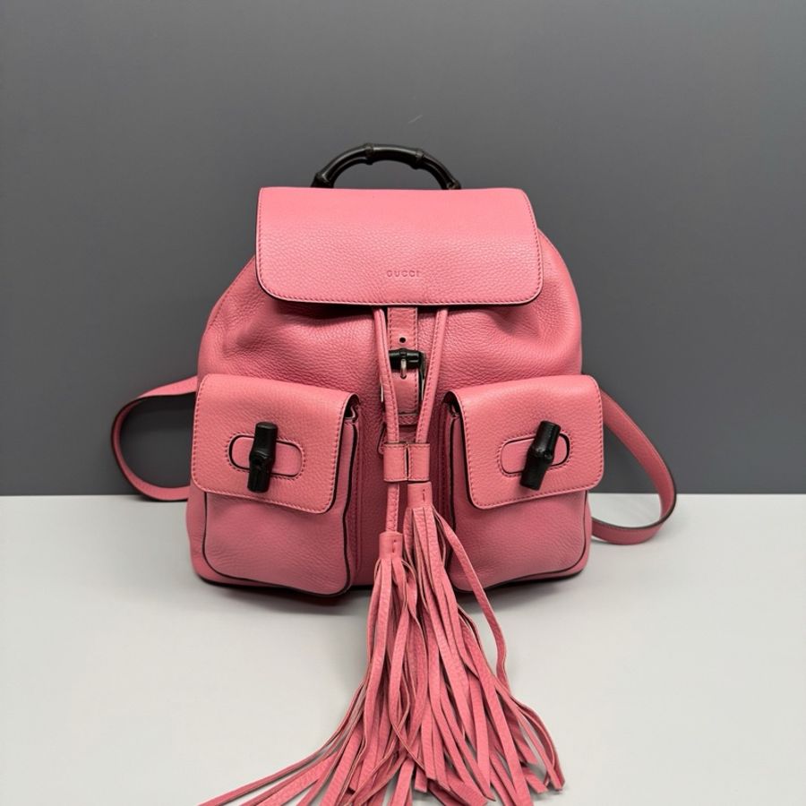Gucci古馳 粉色全皮竹節手柄流蘇雙肩包 98新-0