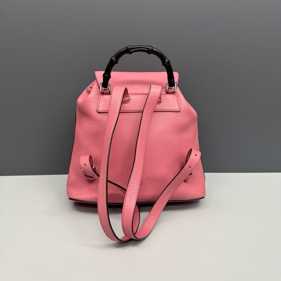 Gucci古馳 粉色全皮竹節手柄流蘇雙肩包 98新-1