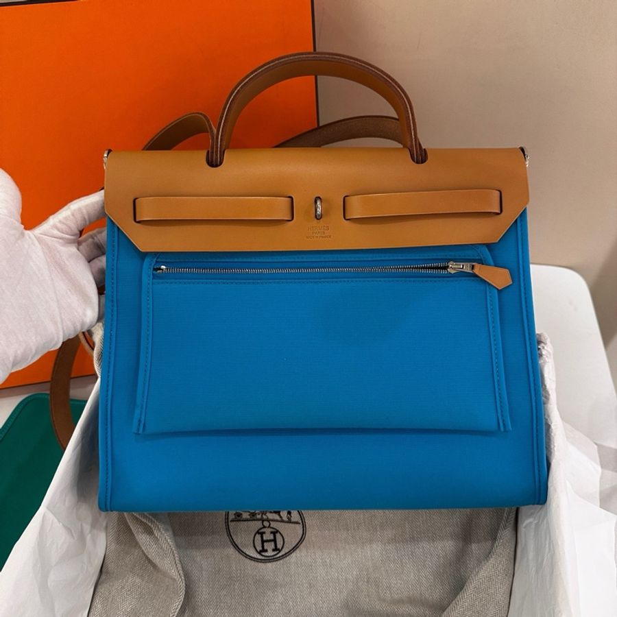 99新✨愛馬仕Hermes herbag31伊茲密爾藍帆布拼皮 手提包單肩包斜挎包 框P刻 銀扣 拼竹子綠子袋-3