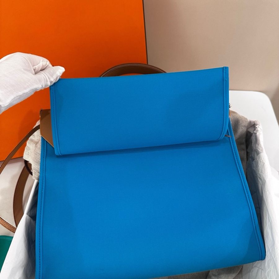 99新✨愛馬仕Hermes herbag31伊茲密爾藍帆布拼皮 手提包單肩包斜挎包 框P刻 銀扣 拼竹子綠子袋-6